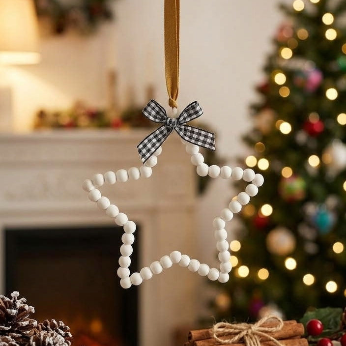 Beaded Star w/Checkered Bow Ornament