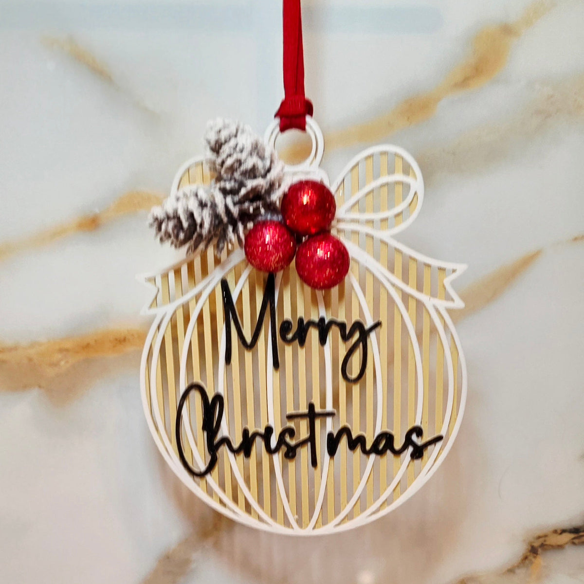 Merry Christmas - Pinecone w/Red Ornament