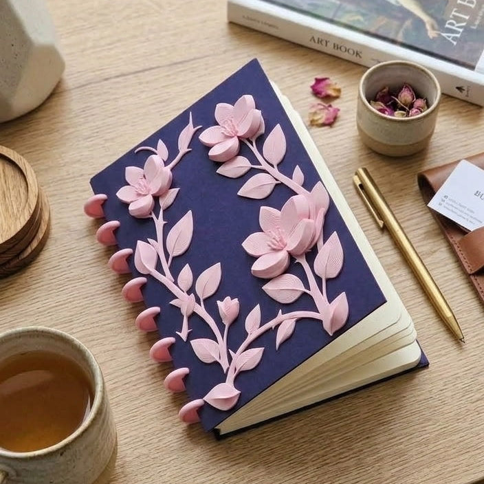 A5 Floral Notebook/Journal Cover  - Refillable - Indigo Purple & Sakura Pink