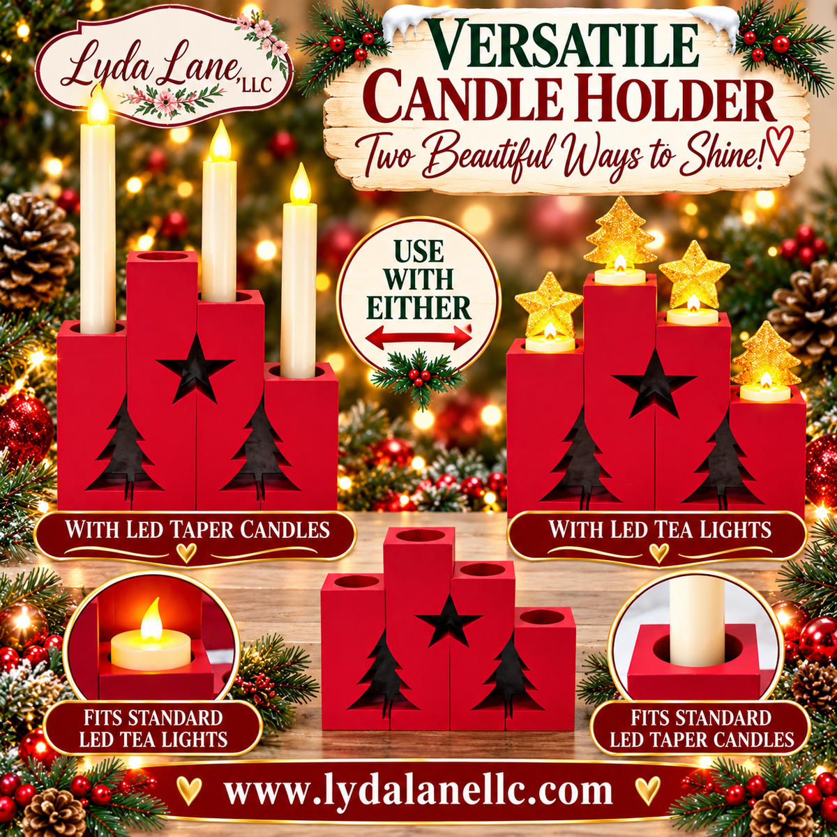 Four Piece LED Candle Holder - Adjoining Pieces Create Star & Trees - LED Taper or LED TeaLights can be used