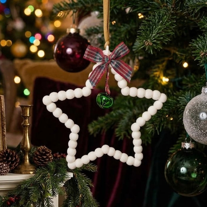 Beaded Star w/Plaid Bow & Bell Ornament