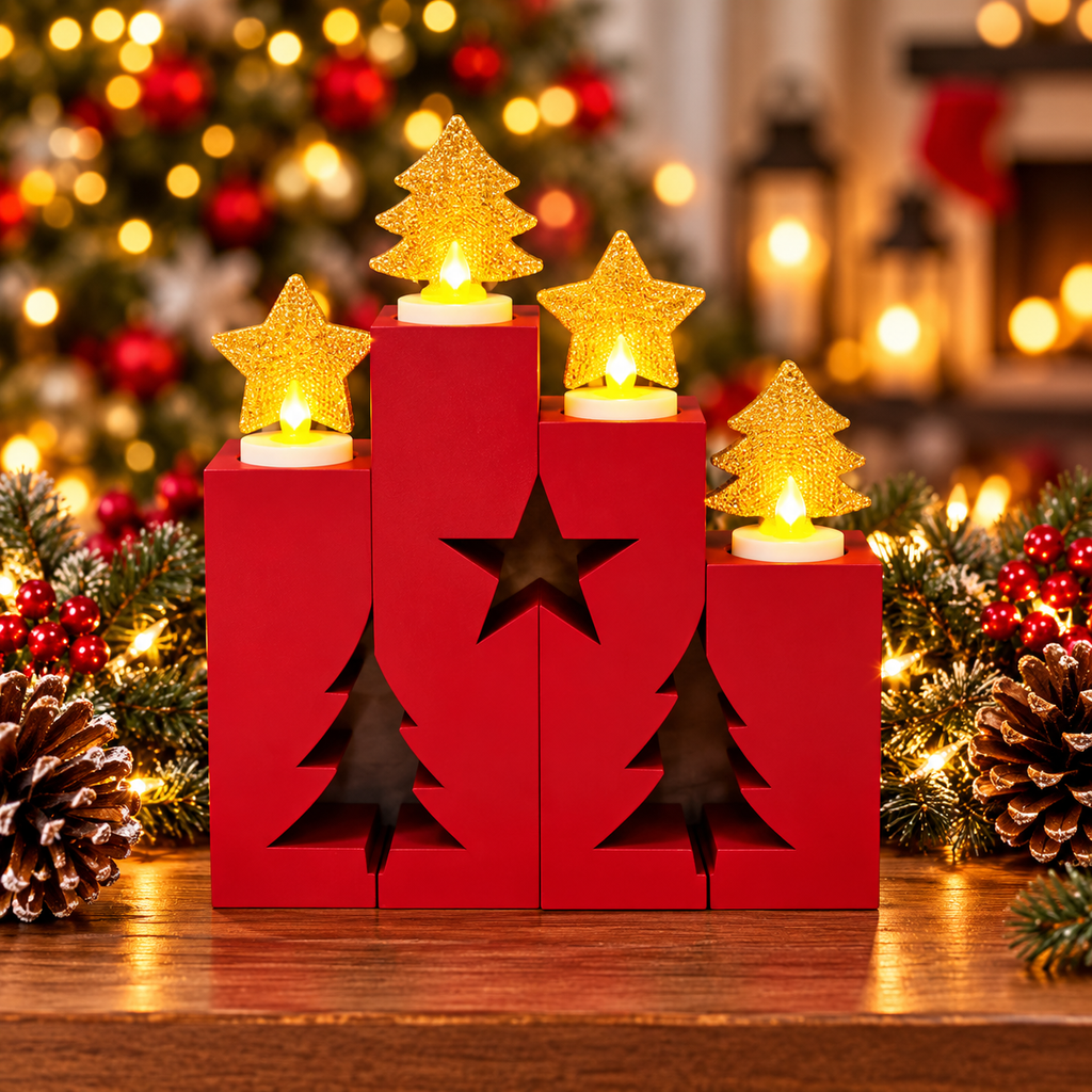 Four Piece LED Candle Holder - Adjoining Pieces Create Star & Trees - LED Taper or LED TeaLights can be used