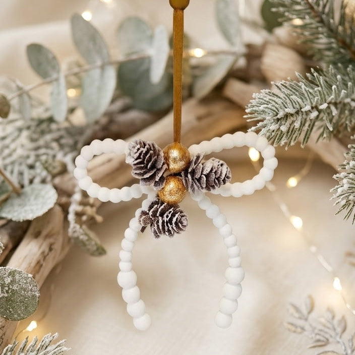 Beaded Bow w/Pinecone and Gold Ball Ornament