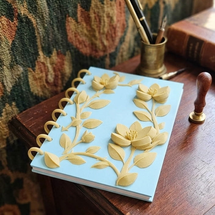 A5 Floral Notebook/Journal Cover - Refillable - Ice Blue & Desert Tan