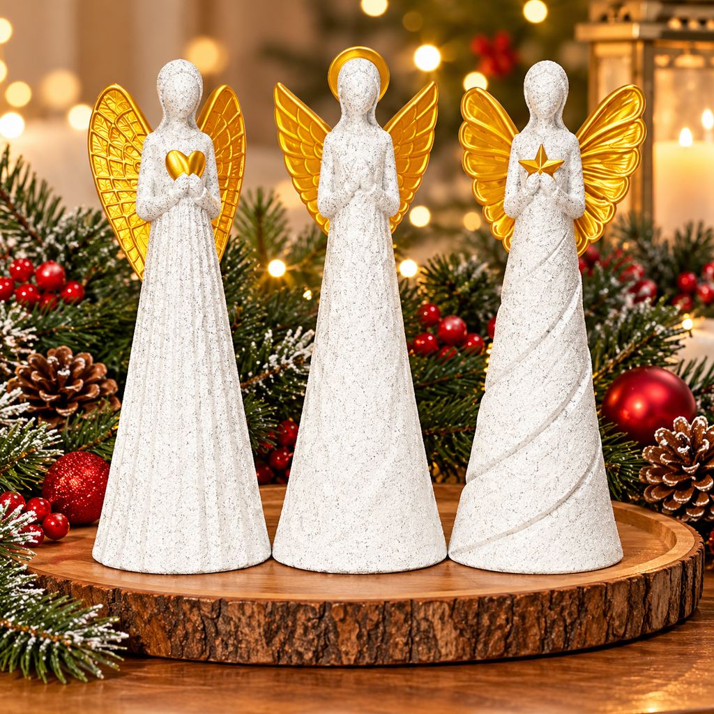 Heavenly Trio - Set of 3 Angels - White Marble & Gold