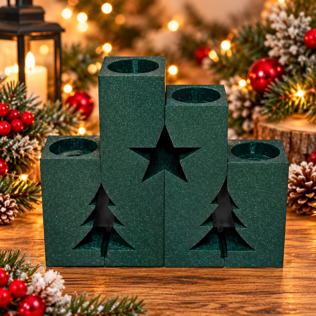 Four Piece LED Candle Holder - Adjoining Pieces Create Star & Trees - LED Taper or LED TeaLights can be used