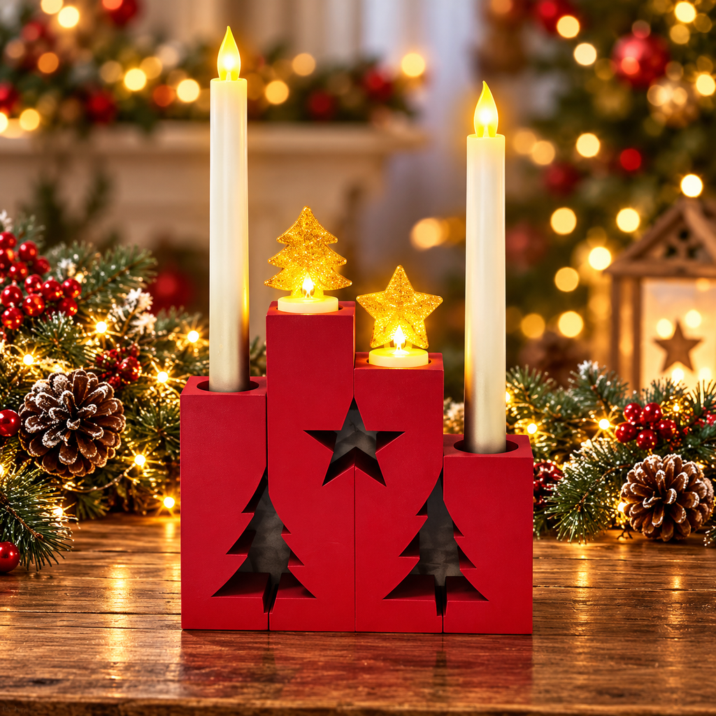 Four Piece LED Candle Holder - Adjoining Pieces Create Star & Trees - LED Taper or LED TeaLights can be used