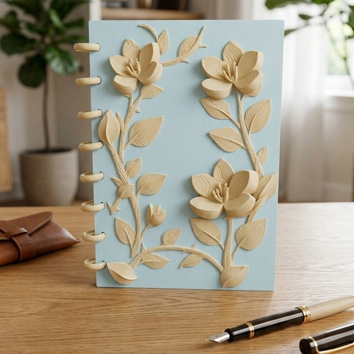A5 Floral Notebook/Journal Cover - Refillable - Ice Blue & Desert Tan