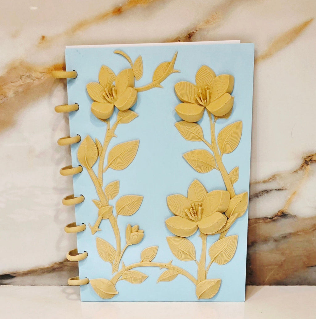A5 Floral Notebook/Journal Cover - Refillable - Ice Blue & Desert Tan