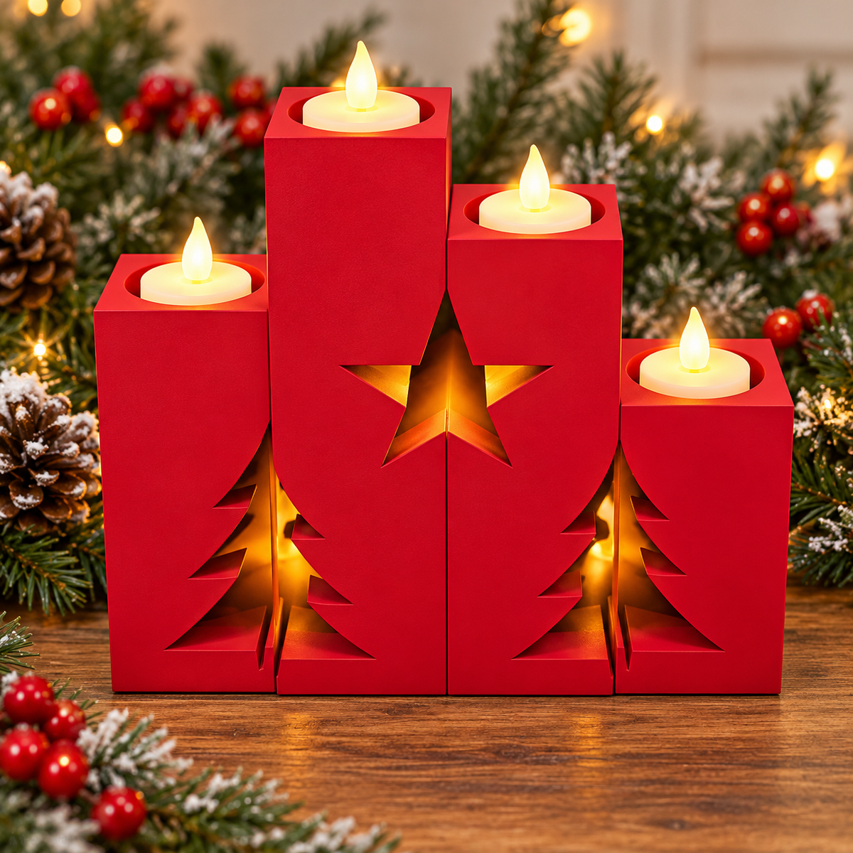 Four Piece LED Candle Holder - Adjoining Pieces Create Star & Trees - LED Taper or LED TeaLights can be used