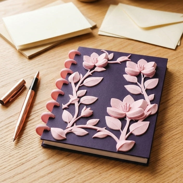 A5 Floral Notebook/Journal Cover  - Refillable - Indigo Purple & Sakura Pink