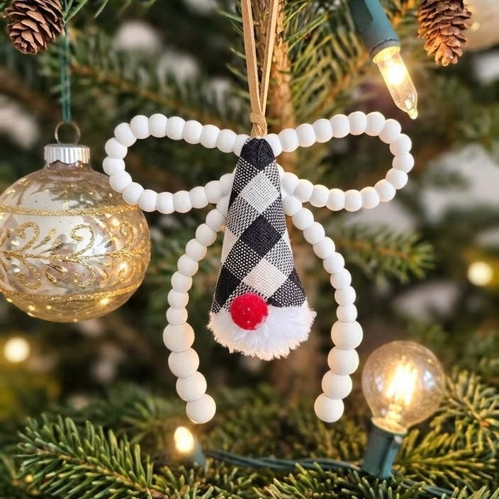 Beaded Bow w/Plaid Gnome Ornament