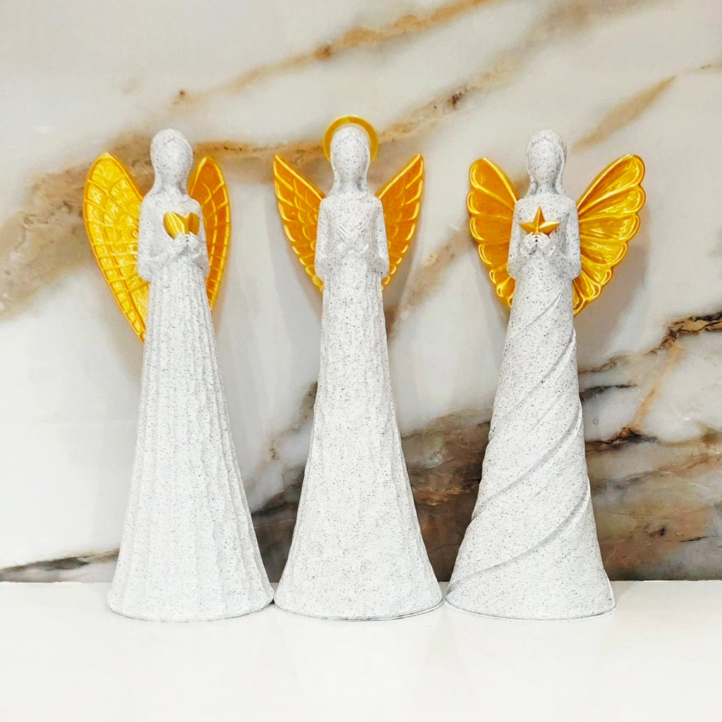 Heavenly Trio - Set of 3 Angels - White Marble & Gold