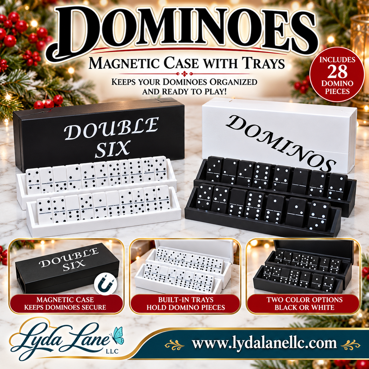Classic Double Six Magnetic Case Domino Set with Tray/Holders - Black Set