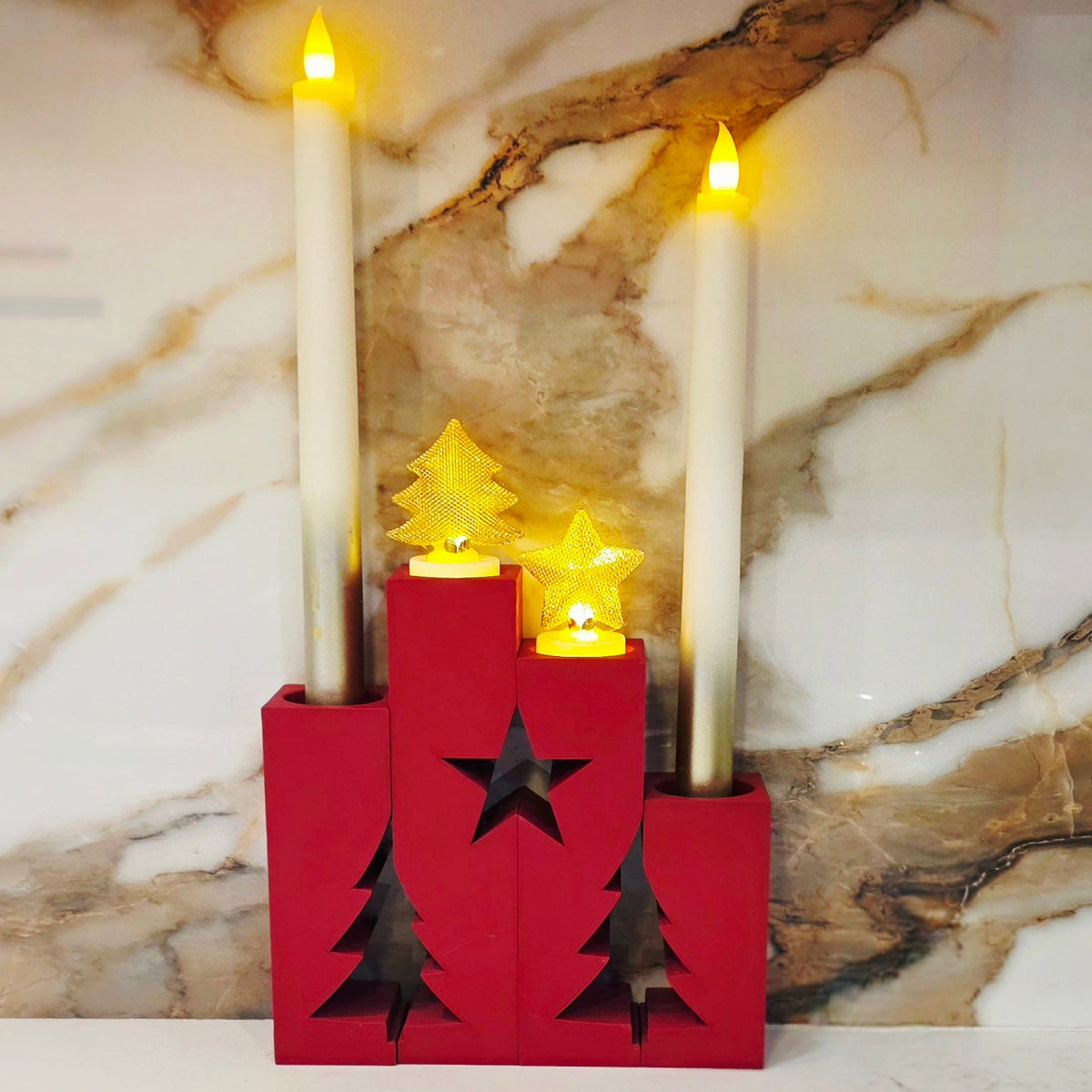 Four Piece LED Candle Holder - Adjoining Pieces Create Star & Trees - LED Taper or LED TeaLights can be used