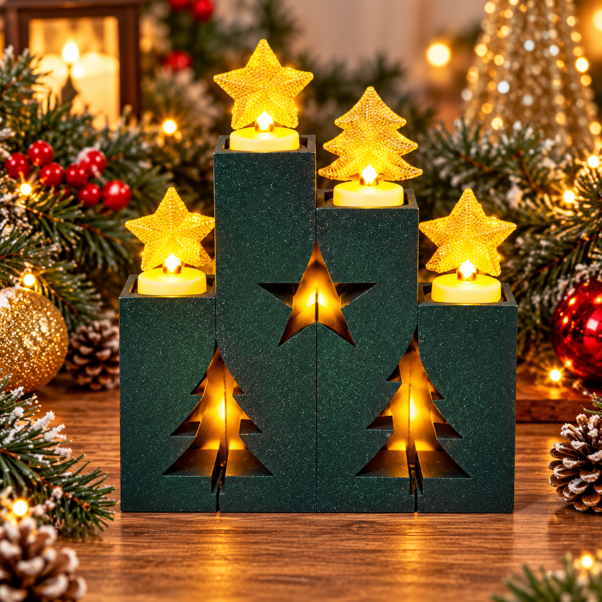 Four Piece LED Candle Holder - Adjoining Pieces Create Star & Trees - LED Taper or LED TeaLights can be used
