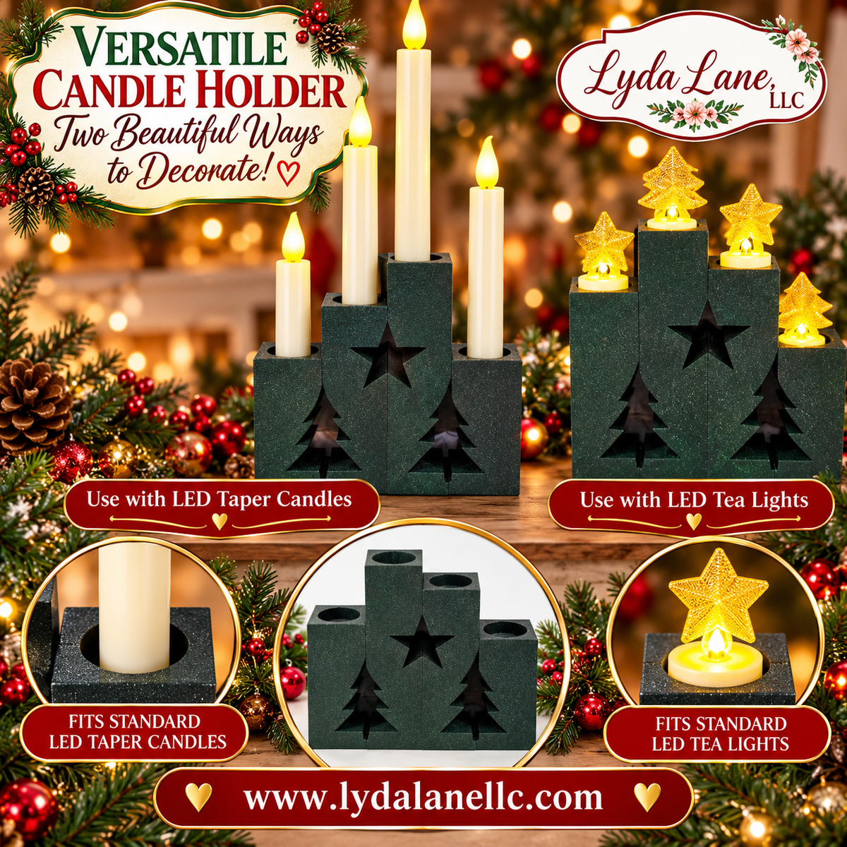 Four Piece LED Candle Holder - Adjoining Pieces Create Star & Trees - LED Taper or LED TeaLights can be used