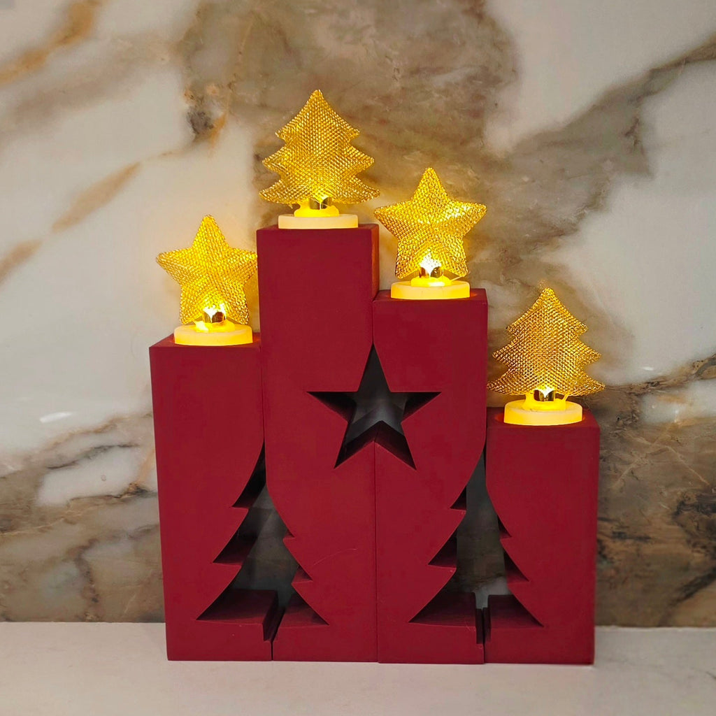 Four Piece LED Candle Holder - Adjoining Pieces Create Star & Trees - LED Taper or LED TeaLights can be used
