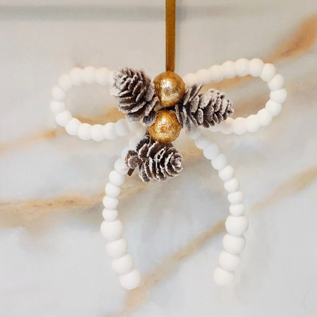 Beaded Bow w/Pinecone and Gold Ball Ornament